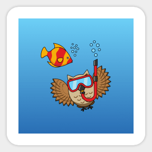 Owl with Snorkel Mask and Tropical Fish Sticker